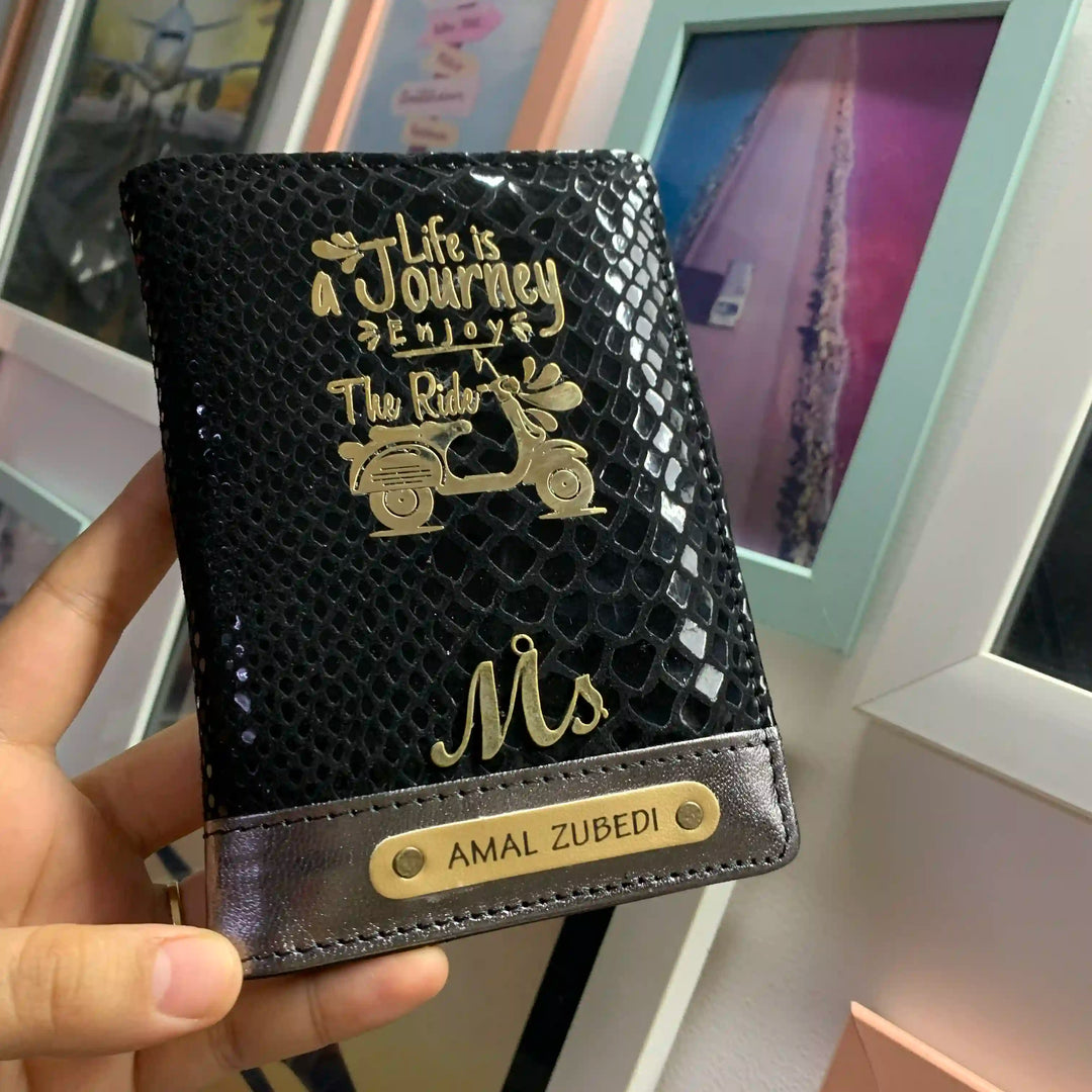 black bollywood genuine leather passport cover with background frame against the wall  - TPC Gifts