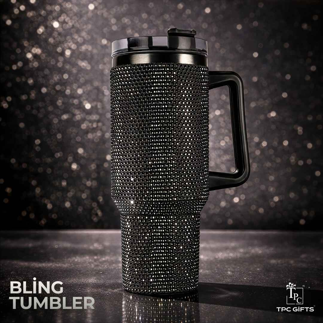 TPC Gifts black bling tumbler with rhinestones, insulated sipper with handle and straw