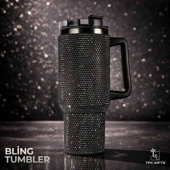 TPC Gifts black bling tumbler with rhinestones, insulated sipper with handle and straw