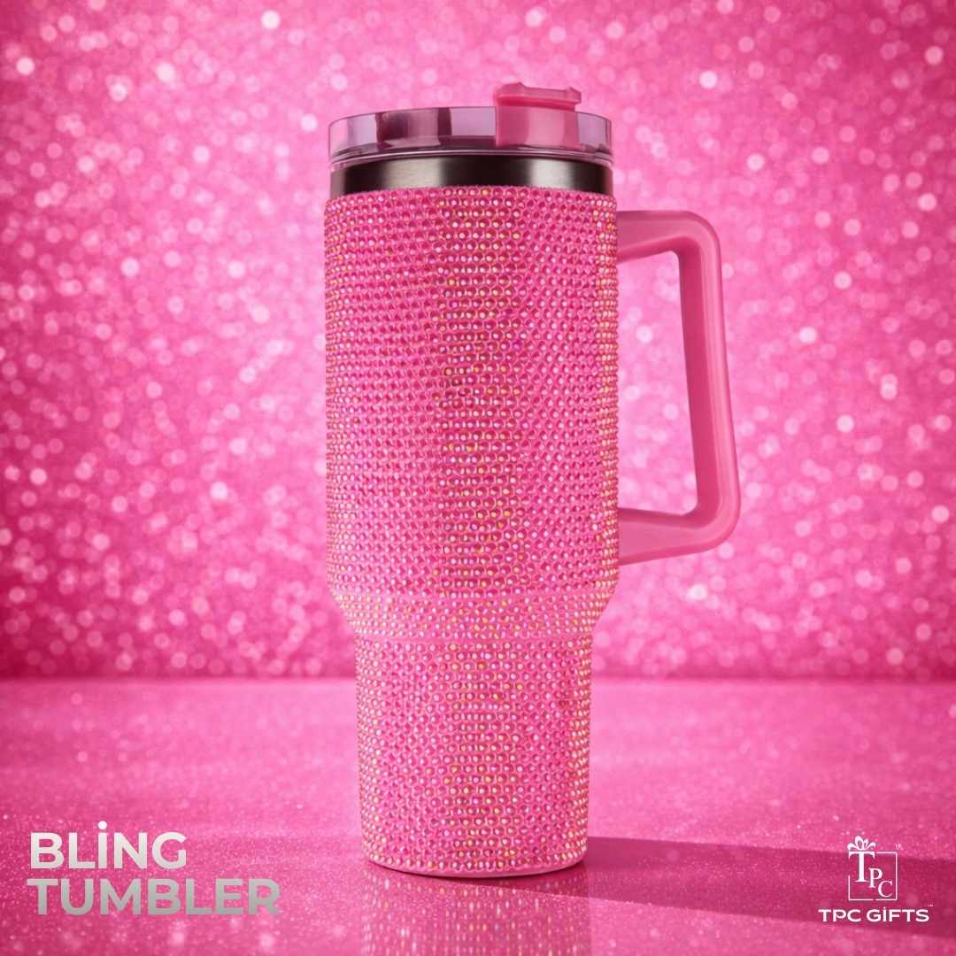 TPC Gifts pink rhinestone bling tumbler with handle and straw lid (bling sipper)
