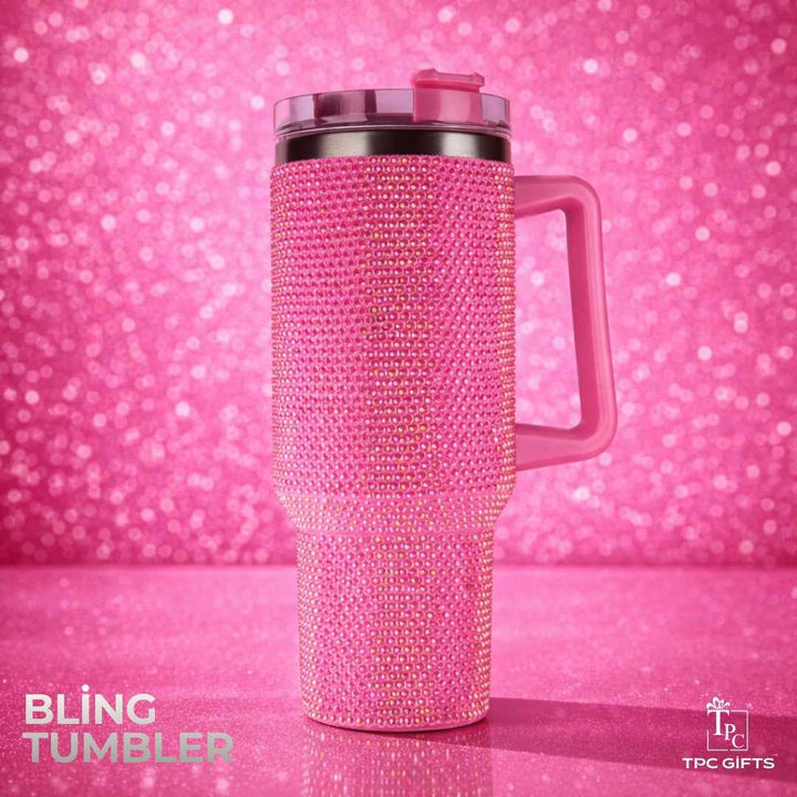 TPC Gifts pink rhinestone bling tumbler with handle and straw lid (bling sipper)