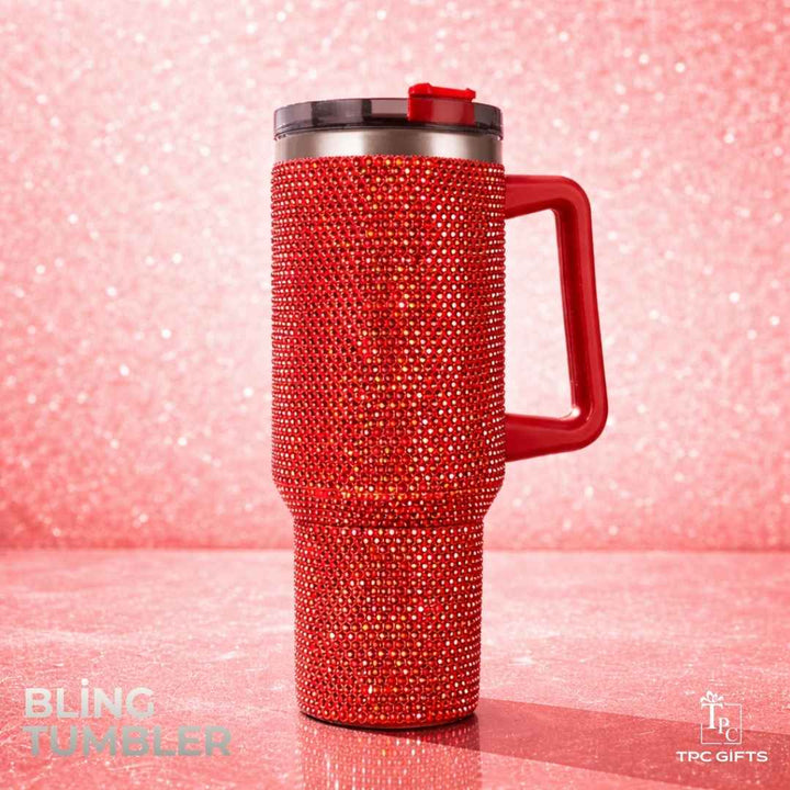 Red rhinestone bling tumbler with handle by TPC Gifts, premium stainless steel bling sipper