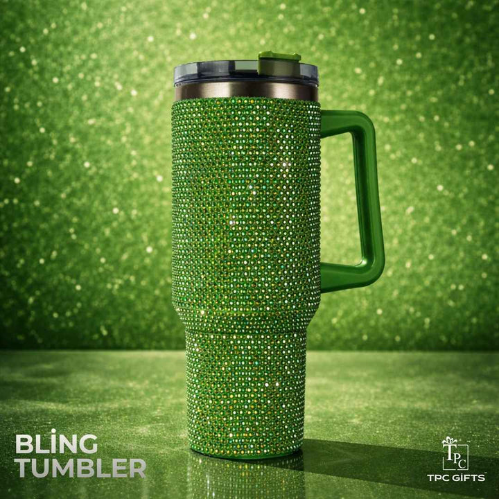 Green rhinestone bling tumbler with handle and sip lid by TPC Gifts, luxury insulated sipper for hot and cold drinks