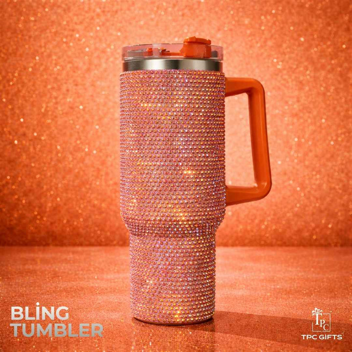 Orange rhinestone bling tumbler with handle by TPC Gifts, premium glitter tumbler sipper
