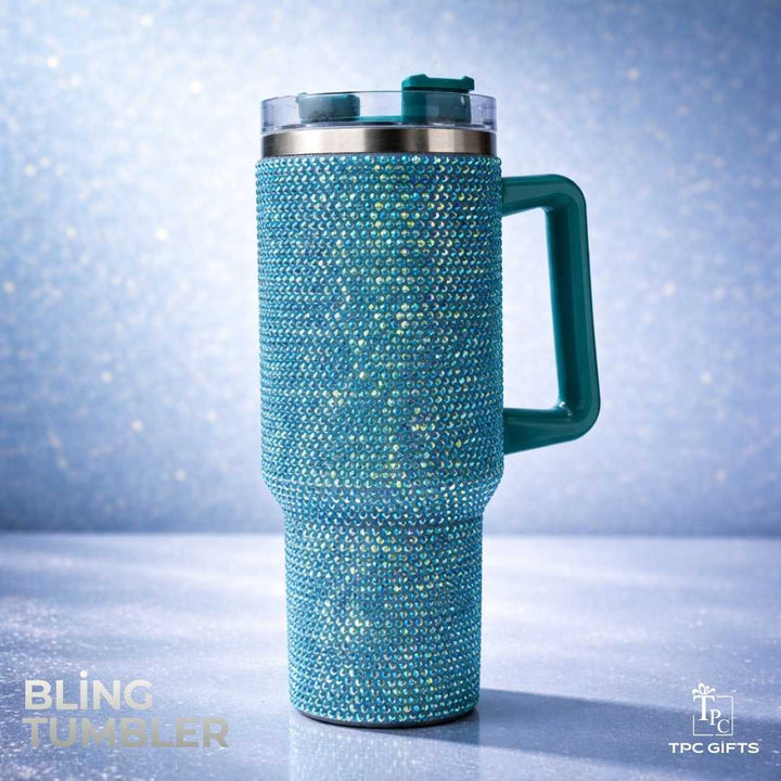 Blue rhinestone bling tumbler with handle and straw by TPC Gifts, luxury bling sipper for hot and cold drinks