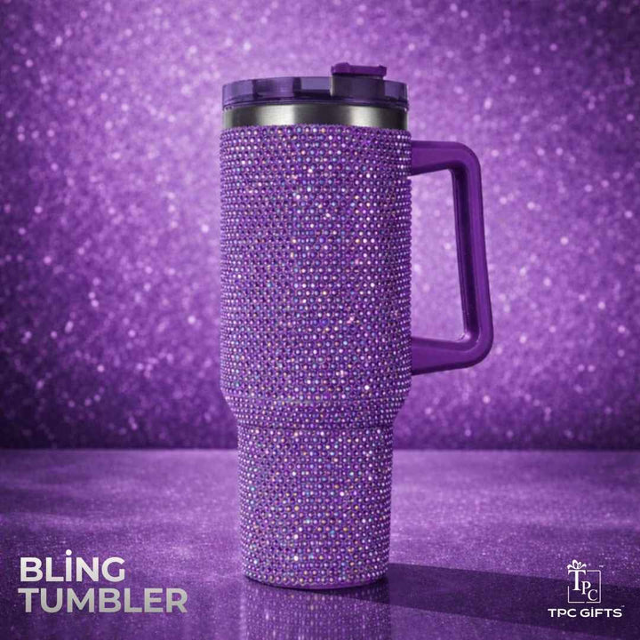Purple rhinestone bling tumbler with handle by TPC Gifts, stylish insulated bling sipper