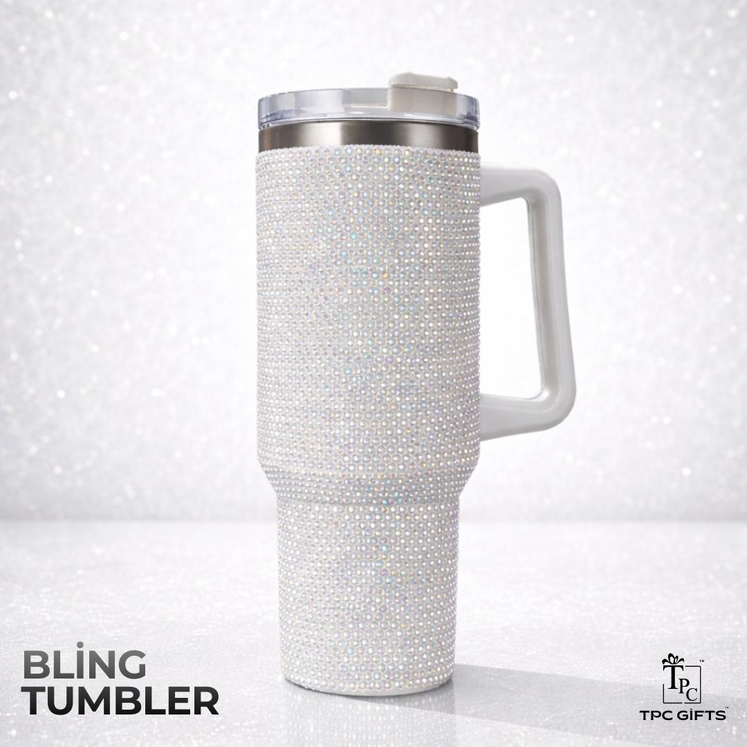 White crystal rhinestone bling tumbler with handle by TPC Gifts, premium insulated bling tumbler