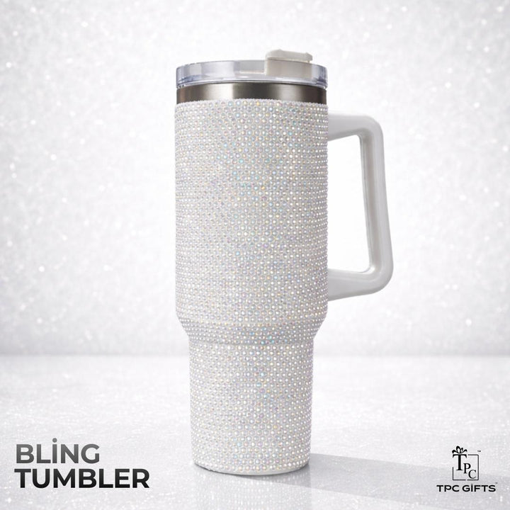 White crystal rhinestone bling tumbler with handle by TPC Gifts, premium insulated bling tumbler