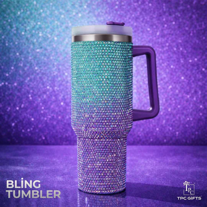 Multicolour rhinestone bling tumbler with handle by TPC Gifts, luxury bling sipper with stainless steel body