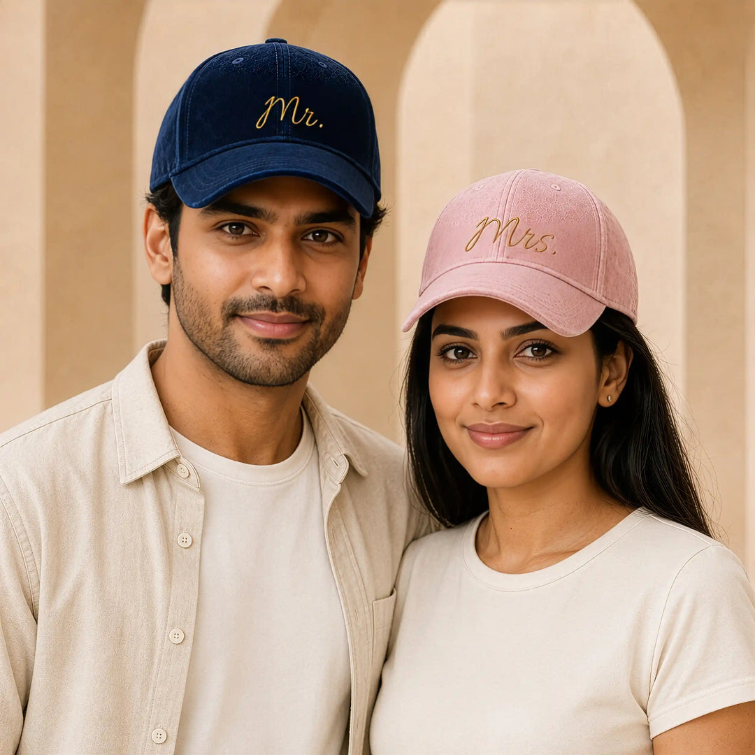Mr. &amp; Mrs. Personalised Velvet Caps — Matching Couple Set