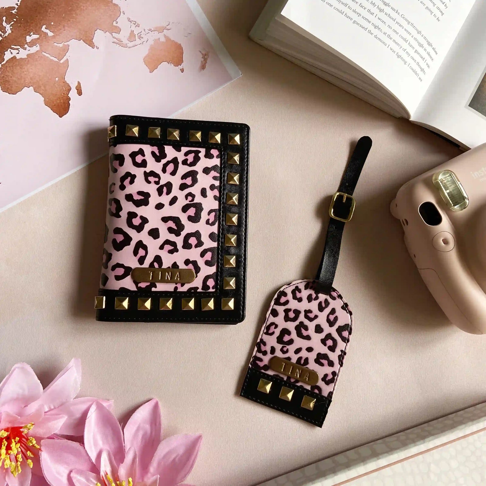 Cheetah Pink With Studs Passport Cover & Luggage Tag -TPC Gifts