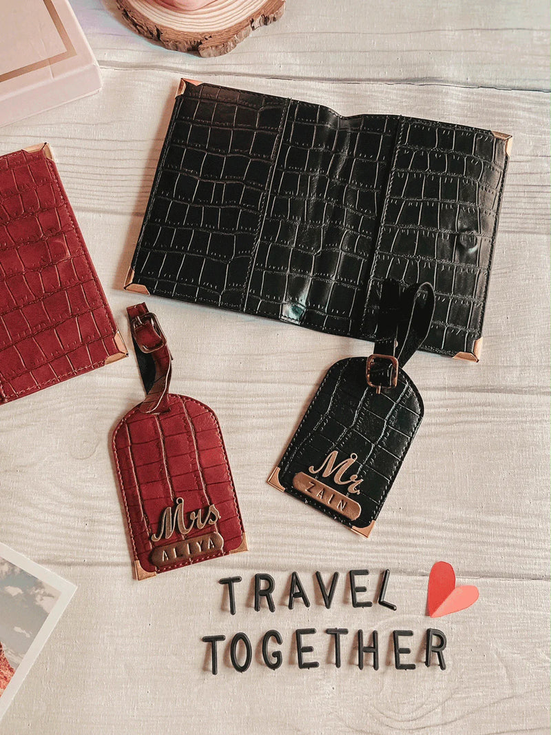 Couple Passport Cover & Luggage Tag - Rosewood and Raven Black