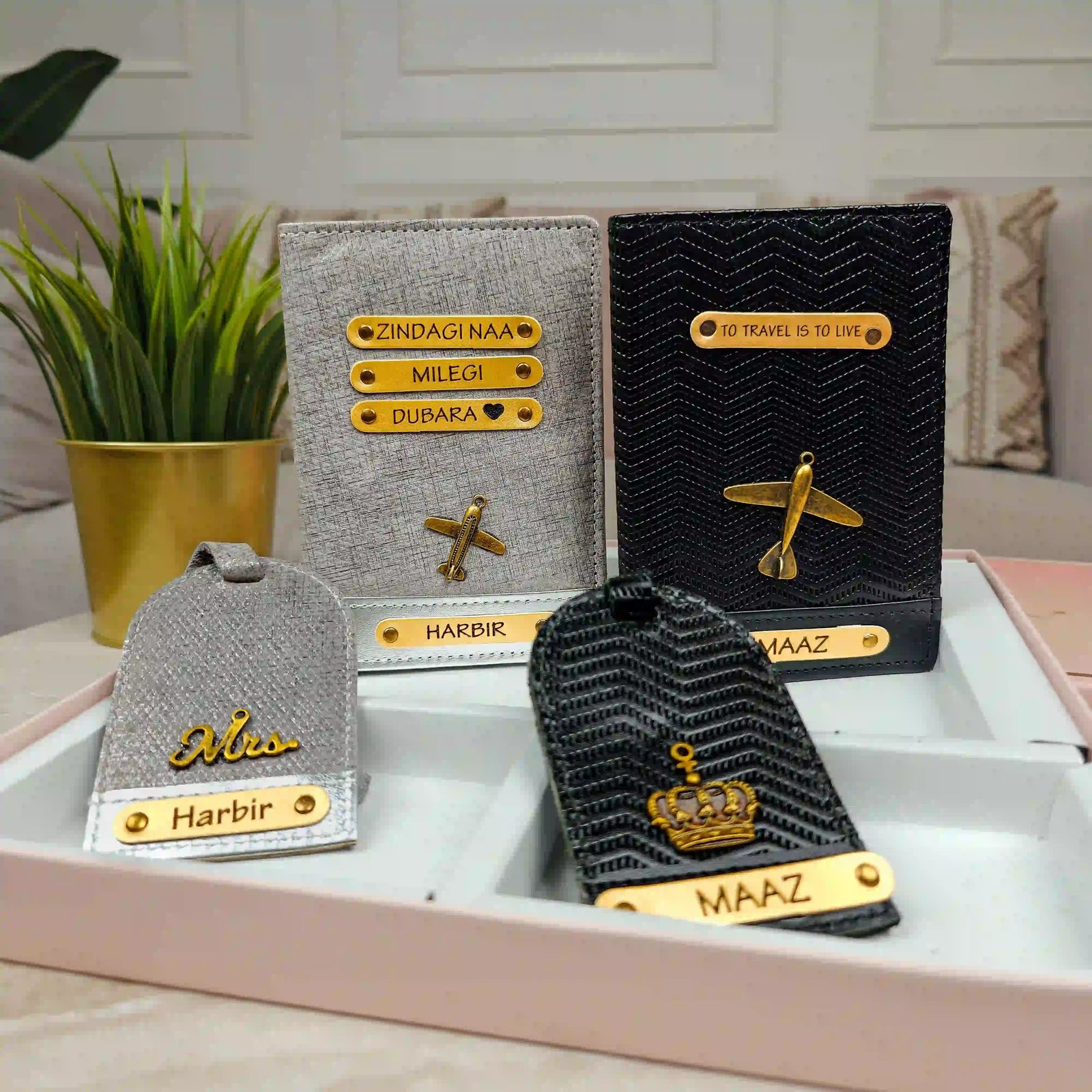 couple edition set silver luxe and black ziggy includes passport cover and luggage tag with box by Tpc Gifts