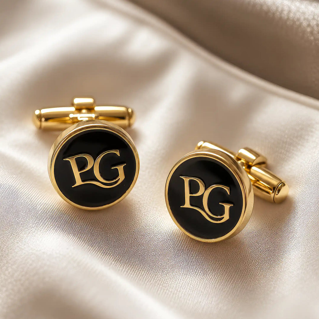 Round Monogram Cufflinks Black &amp; Gold