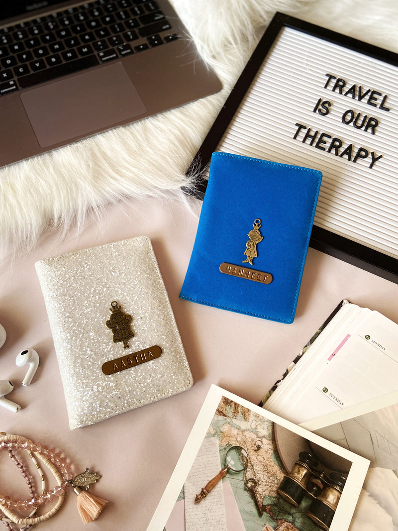 Personalised Pearl White Glitter & Blue Velvet Couple Passport Cover
