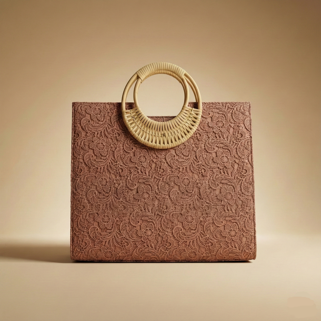 Brown textured handbag with a woven handle on a beige background