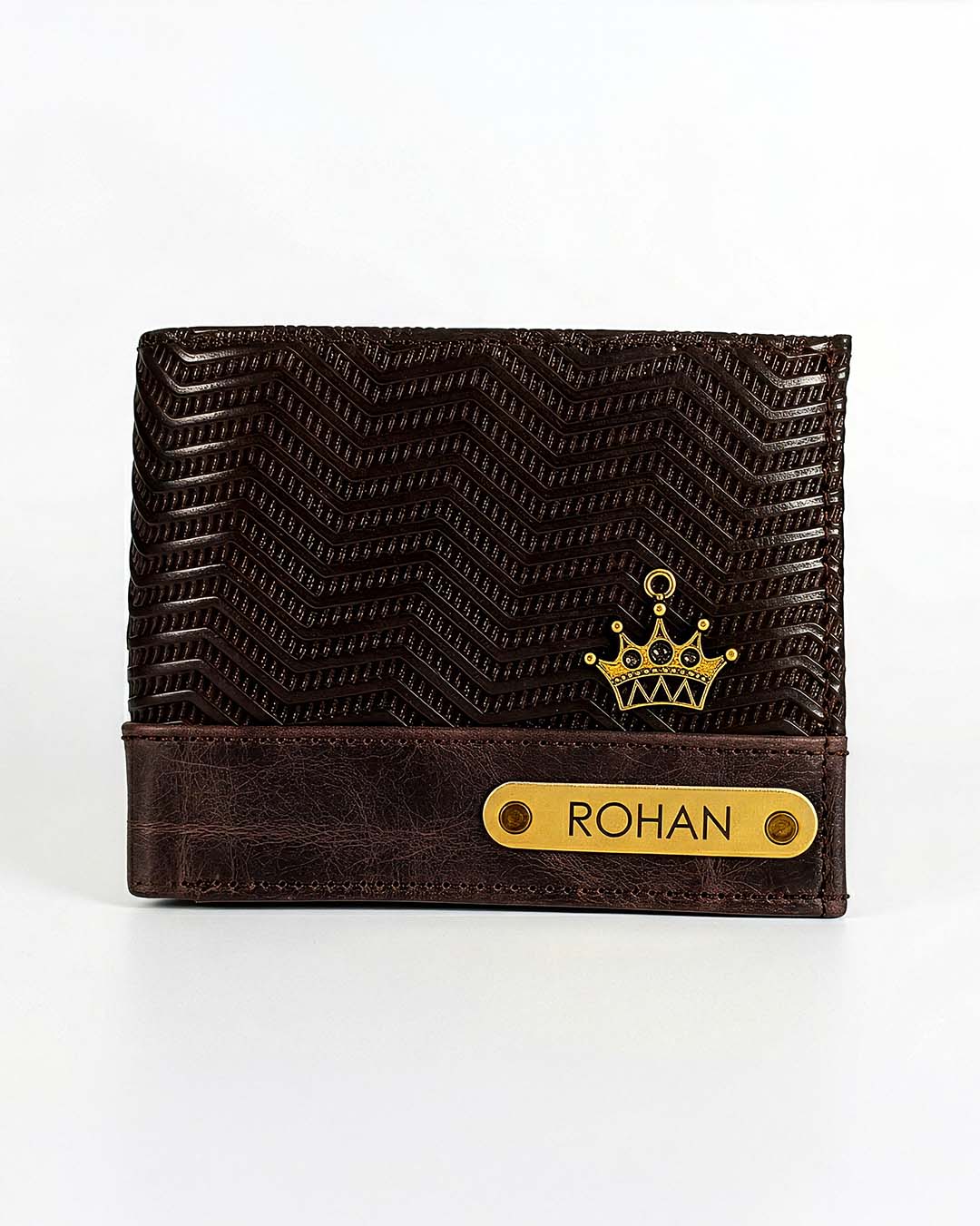 Brown textured wallet with gold accents and &