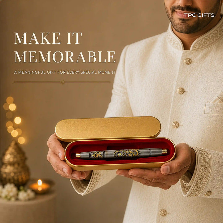 The Ganesha Pen – Lord Ganpati &amp; Om Engraved Brass Pen, Antique Silver &amp; Gold | With Gift Box