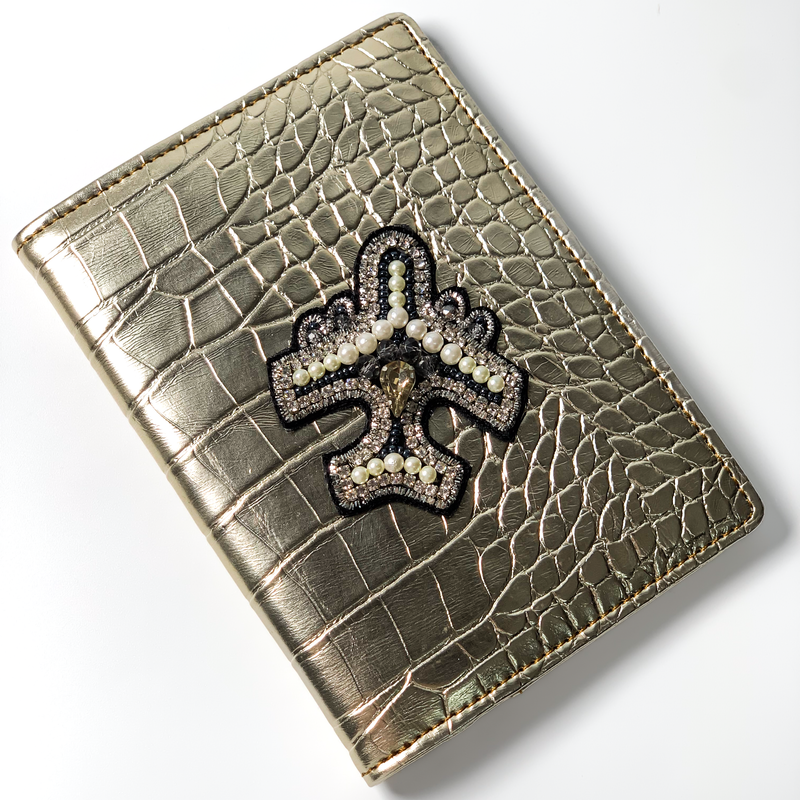 Designer Passport Cover - Golden Croco with Stud Plane in Hand TPC Gifts front view