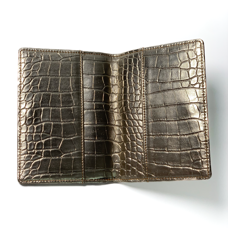 Inside view of Designer Passport Cover - Golden Croco with Stud Plane in Hand TPC Gifts