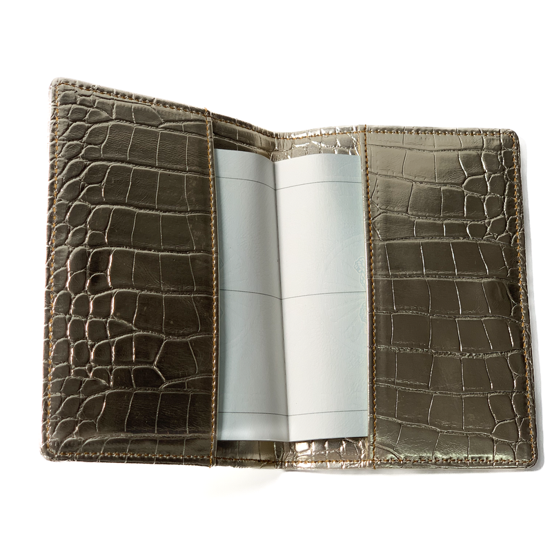 inside view of Designer Passport Cover - Golden Croco with Stud Plane in Hand TPC Gifts