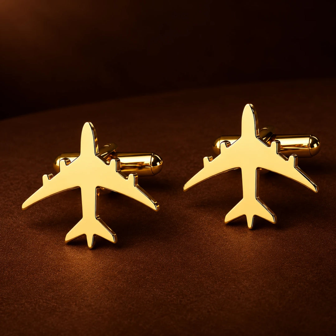 Aeroplane Cufflinks Gold – Mirror-Polished Brass Aviation Cufflinks for Men | Set of 2 with Gift Box