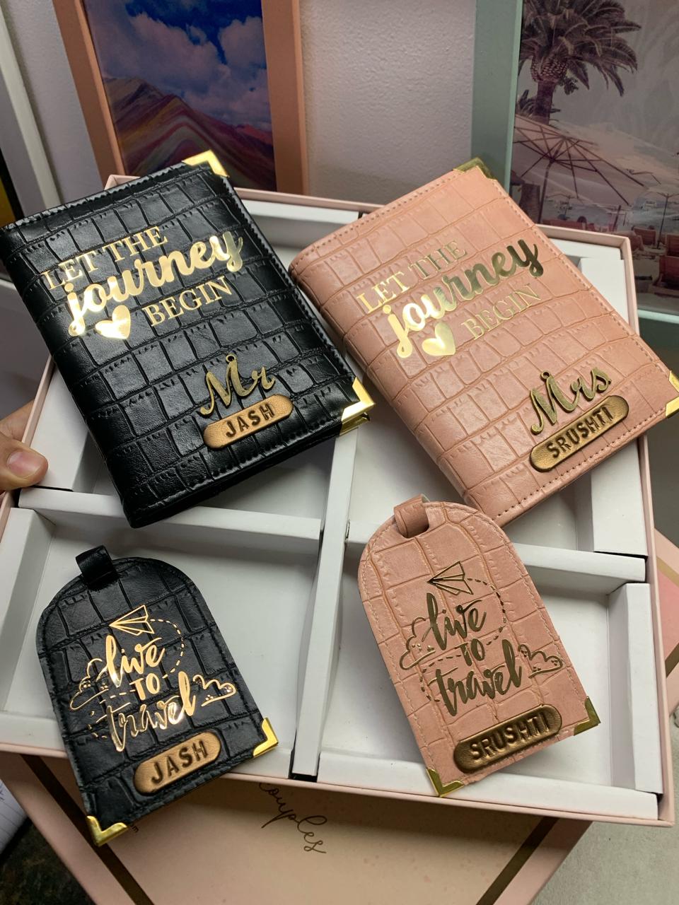 couple passport cover with matching luggage tags gifted with love with curated box of couple edition by tpc gifts 