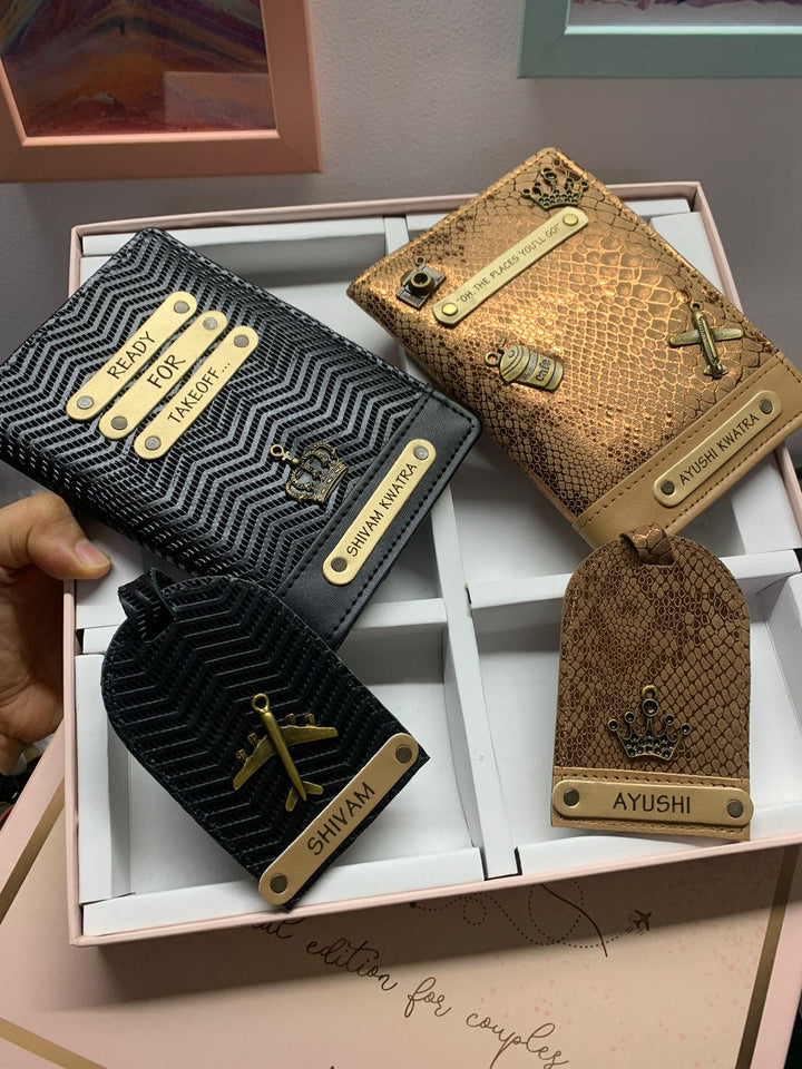 Couple Passport Cover &amp; Luggage Tag - Black &amp; Bronze Gold Edition