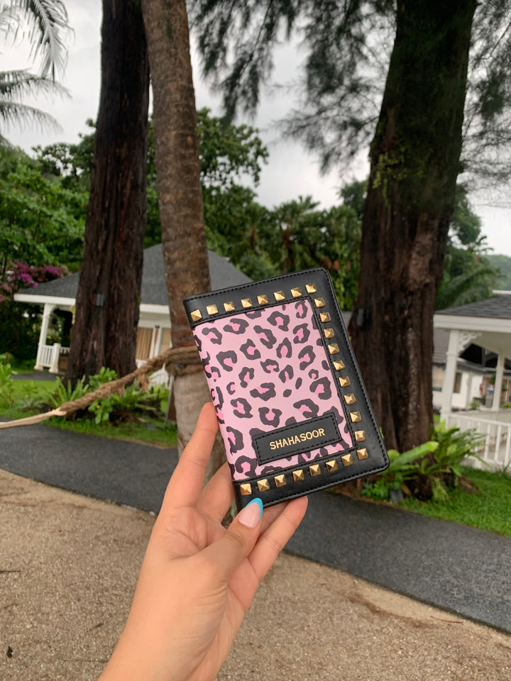 Black &amp; Pink Animal Print With Stud Work Passport Cover