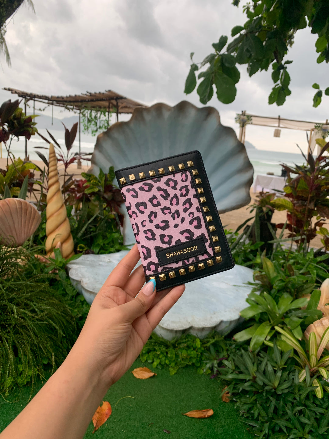 Black &amp; Pink Animal Print With Stud Work Passport Cover