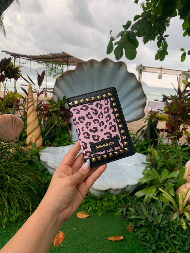 Black &amp; Pink Animal Print With Stud Work Passport Cover