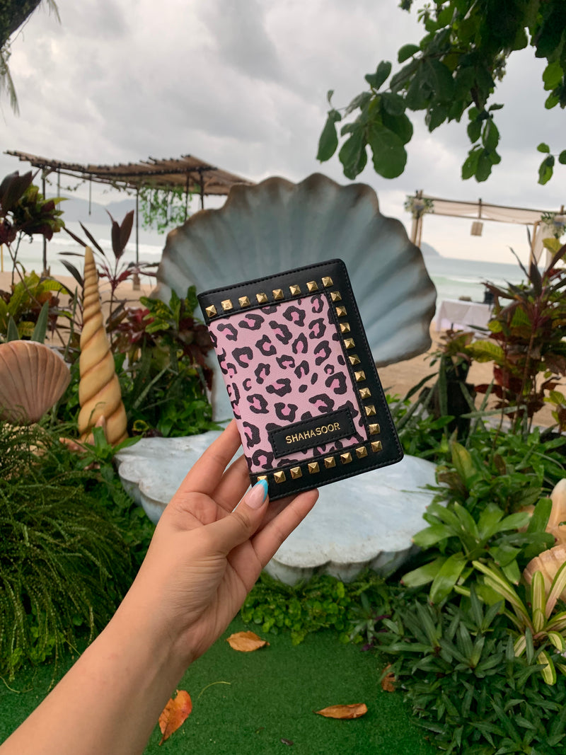 Black & Pink Animal Print With Stud Work Passport Cover