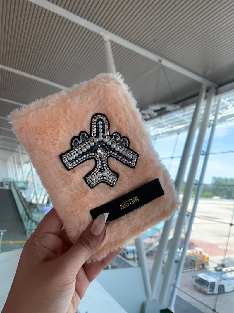 Personalised Passport Cover - Salmon Pink Fur at the airport