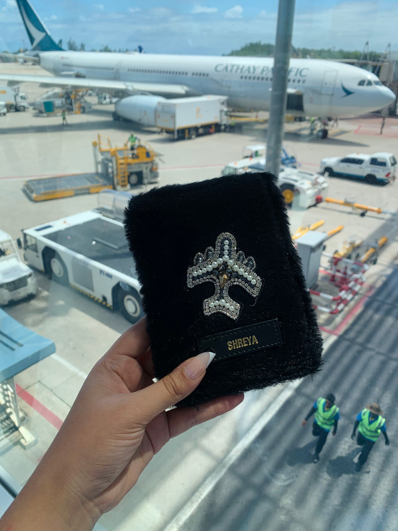 Passport Cover Black Fur with Diamond Plane in airport by TPC Gifts