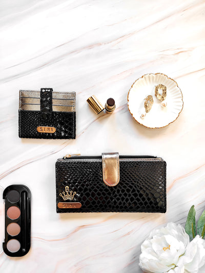 Personalized Women's Textured Wallet & Card Holder with Free Charm by tPC Gifts gOld and black