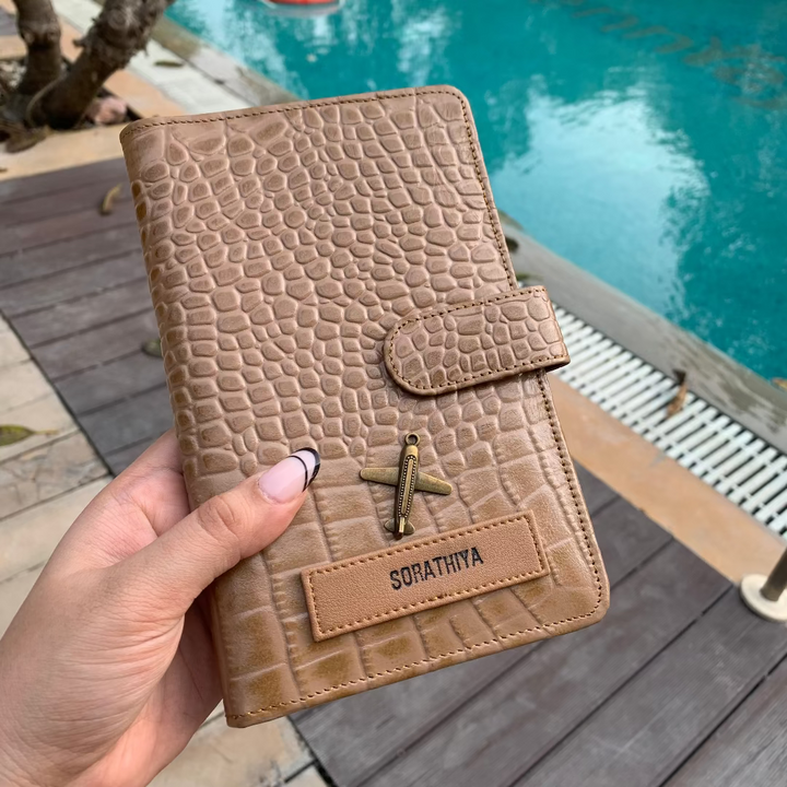 Buff Cream Croco Genuine Leather Travel Wallet