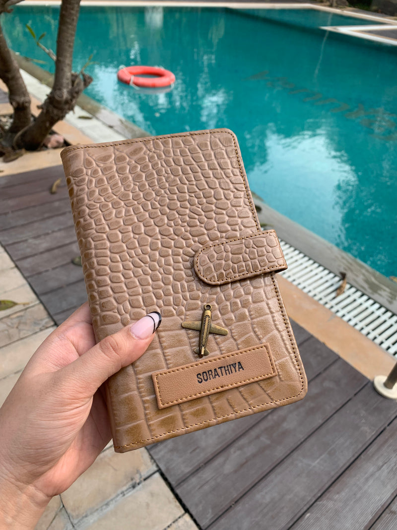 Buff Cream Croco Genuine Leather Travel Wallet