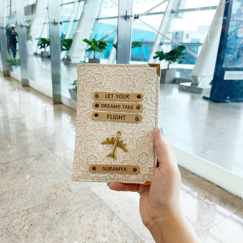 Personalized white passport cover by TPC Gifts at the airport