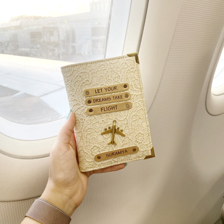Personalized white passport cover by TPC Gifts in plane