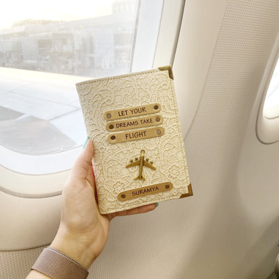 Personalized white passport cover by TPC Gifts in plane