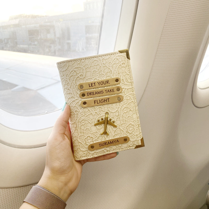 Personalized white passport cover by TPC Gifts in plane
