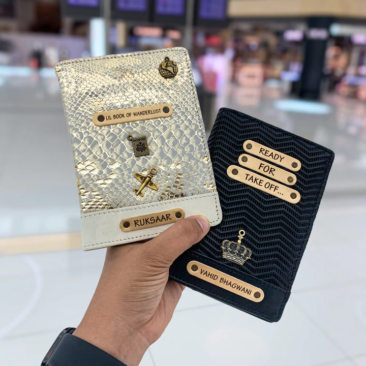 Personalised Premium Couple Passport Covers - Black &amp; White Gold
