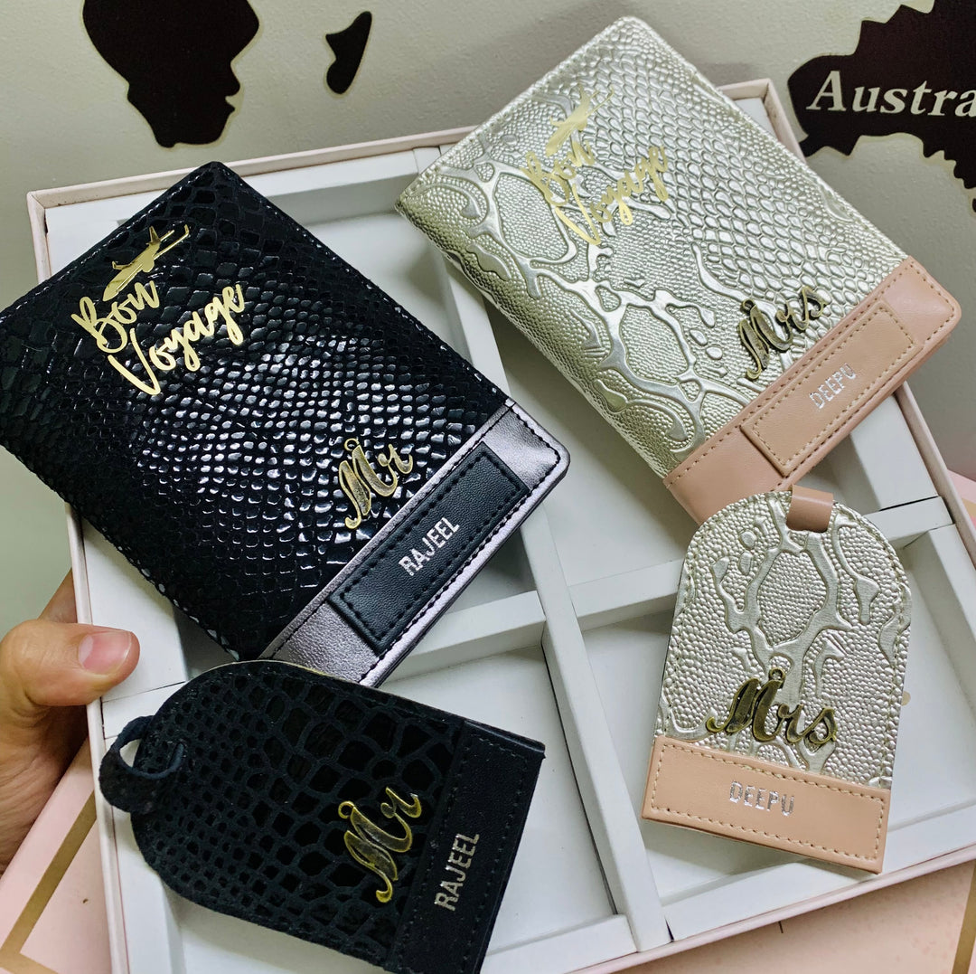 Couple Passport Cover &amp; Luggage Tag Set - Black &amp; Silver