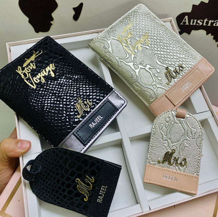 Couple Passport Cover &amp; Luggage Tag Set - Black &amp; Silver