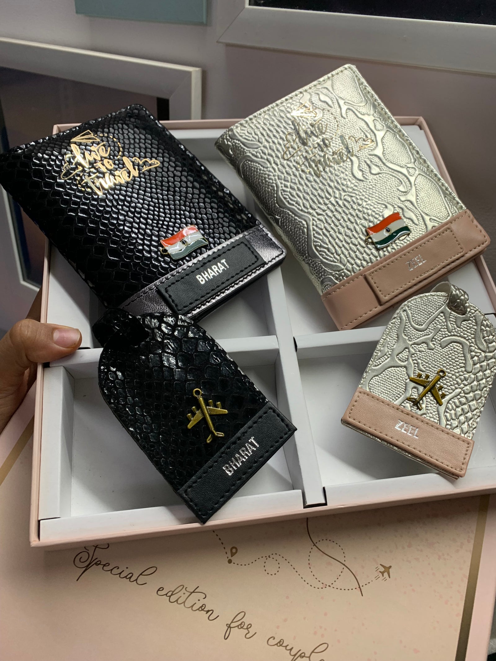 Couple Passport Cover & Luggage Tag Set - Black & Silver