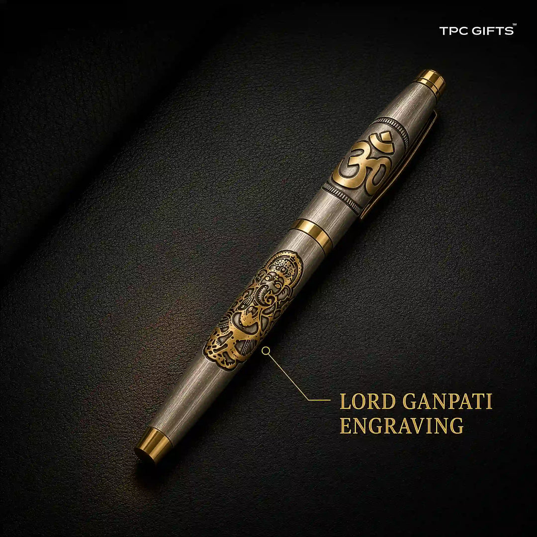 The Ganesha Pen – Lord Ganpati &amp; Om Engraved Brass Pen, Antique Silver &amp; Gold | With Gift Box