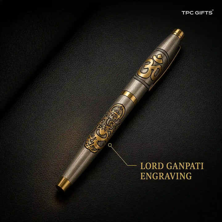 The Ganesha Pen – Lord Ganpati &amp; Om Engraved Brass Pen, Antique Silver &amp; Gold | With Gift Box