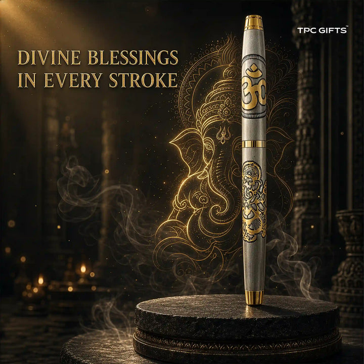 The Ganesha Pen – Lord Ganpati &amp; Om Engraved Brass Pen, Antique Silver &amp; Gold | With Gift Box