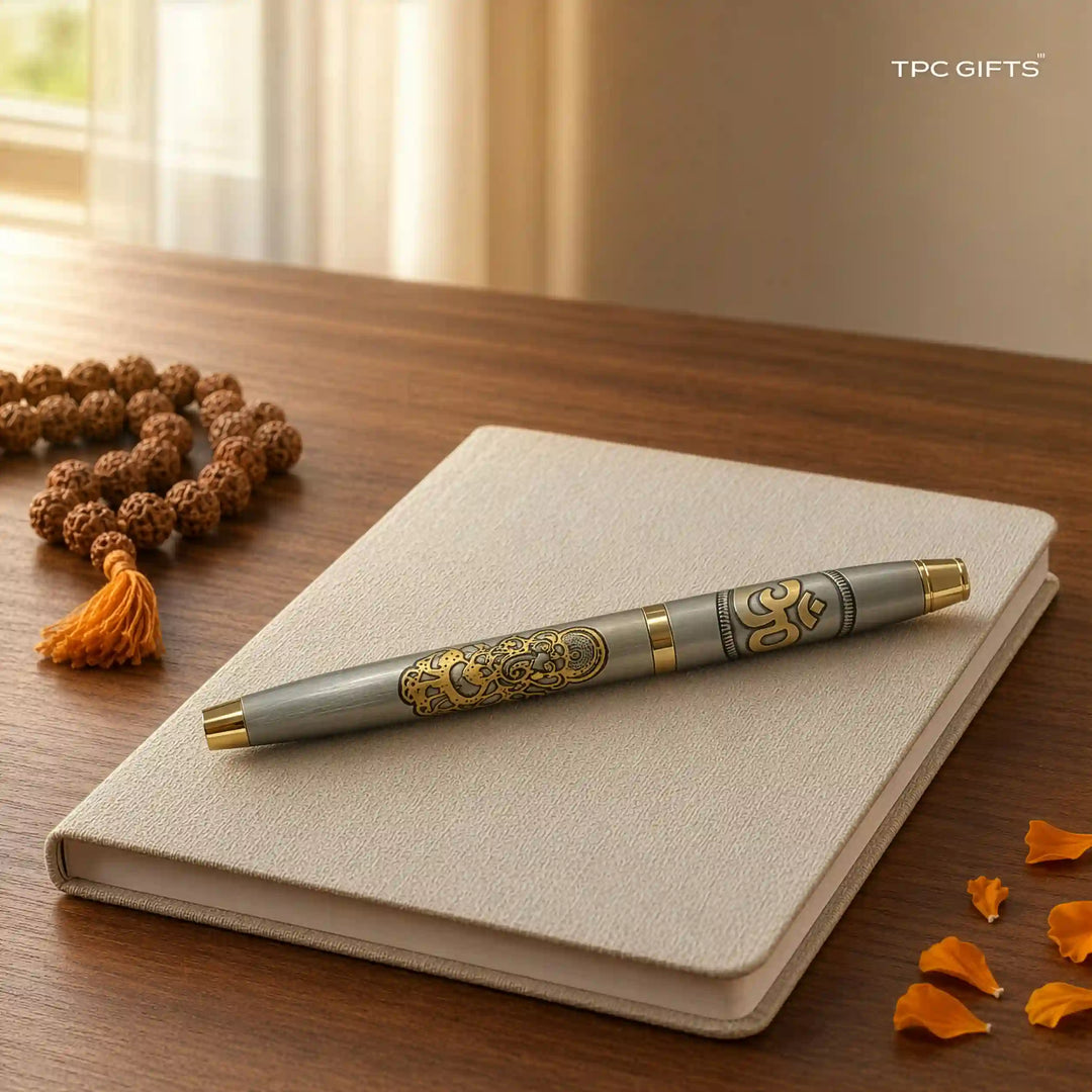 The Ganesha Pen – Lord Ganpati &amp; Om Engraved Brass Pen, Antique Silver &amp; Gold | With Gift Box