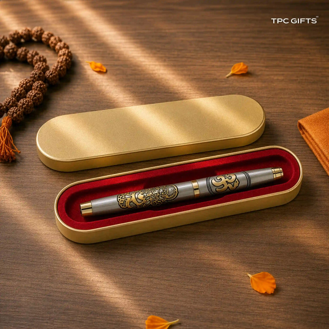 The Ganesha Pen – Lord Ganpati &amp; Om Engraved Brass Pen, Antique Silver &amp; Gold | With Gift Box
